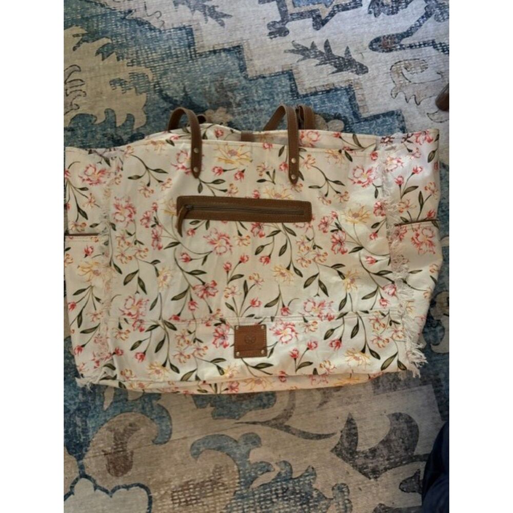 NWT Myra Western Weekender Bag Brookside Blush Cream Cotton & Brown Leather